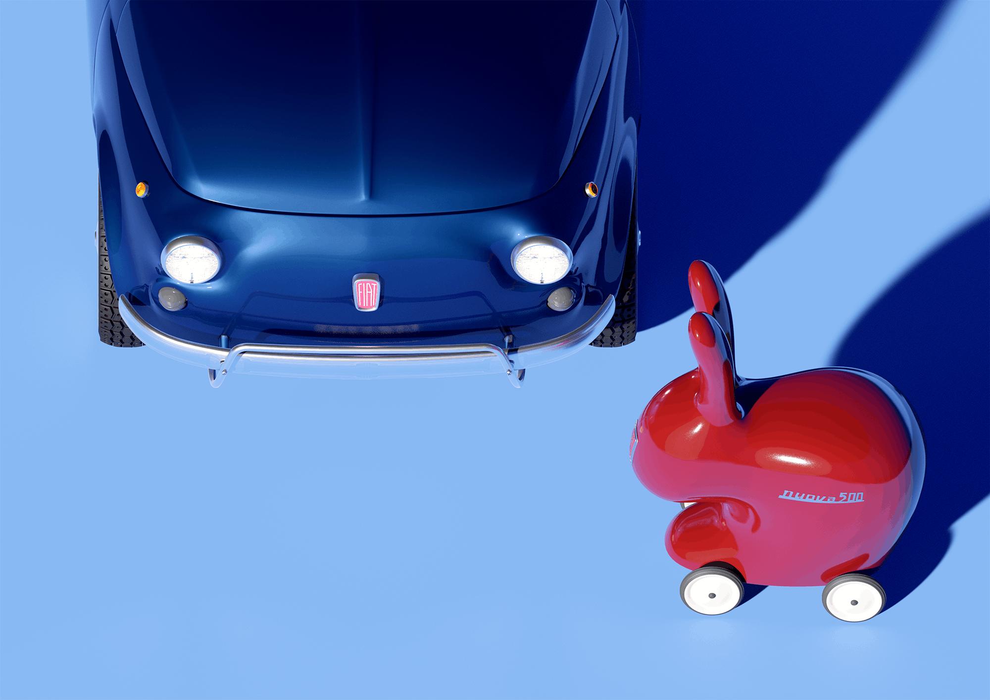 Blue Fiat 500 with red Rabbit on wheels